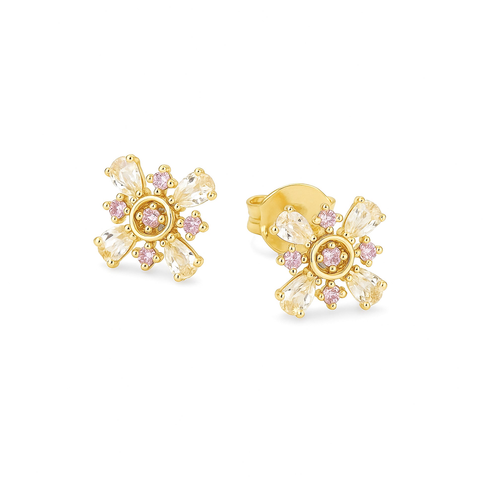 Gold earrings with pink and clear gemstones on a white background