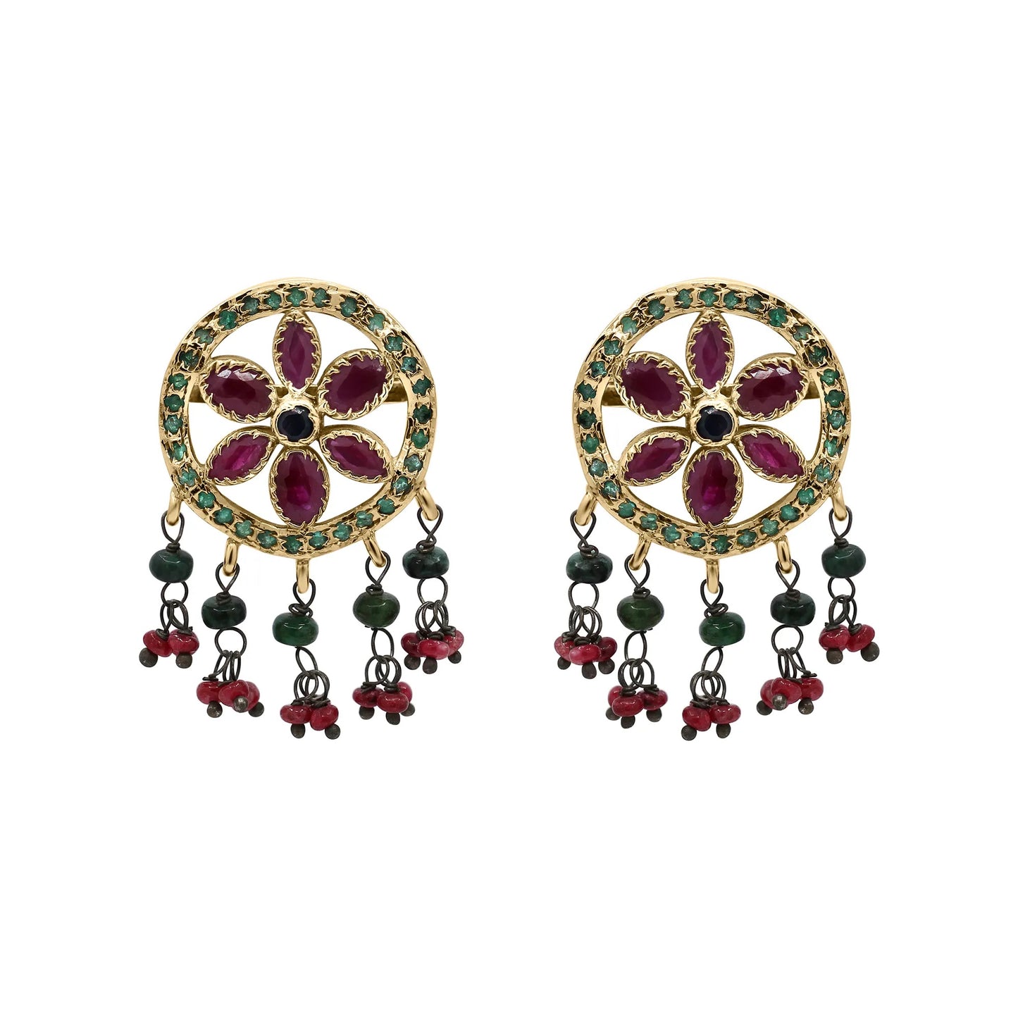 Floral Bloom Emerald and Ruby Drop Earrings