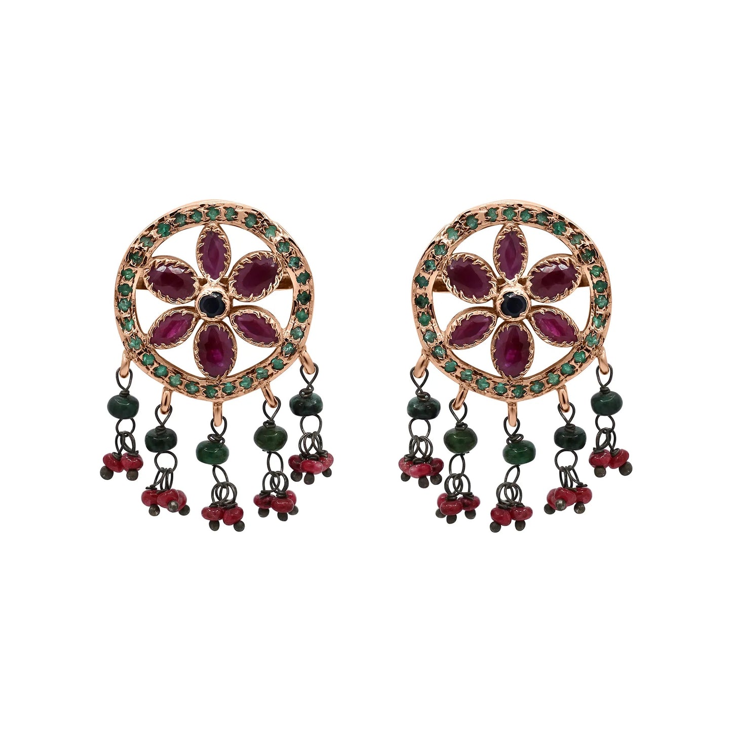 Floral Bloom Emerald and Ruby Drop Earrings