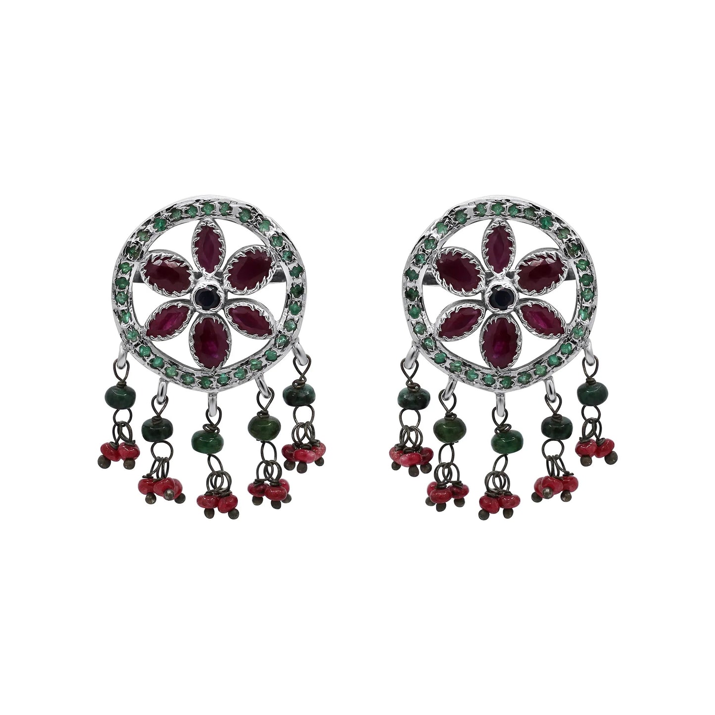 Floral Bloom Emerald and Ruby Drop Earrings