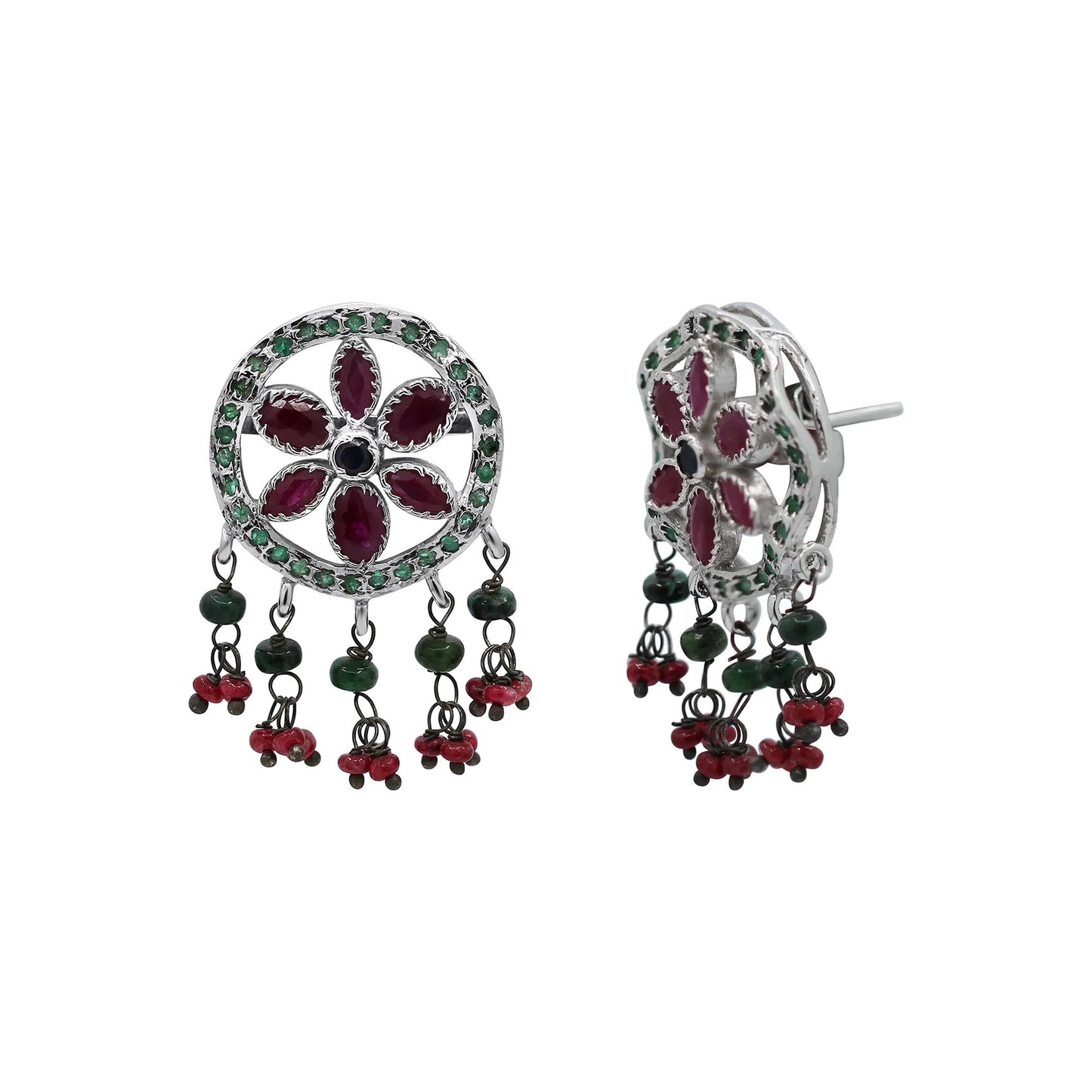 Floral Bloom Emerald and Ruby Drop Earrings