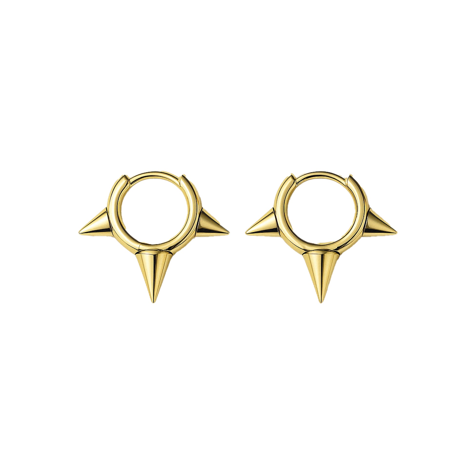 Gold hoop earrings with spike designs on a white background