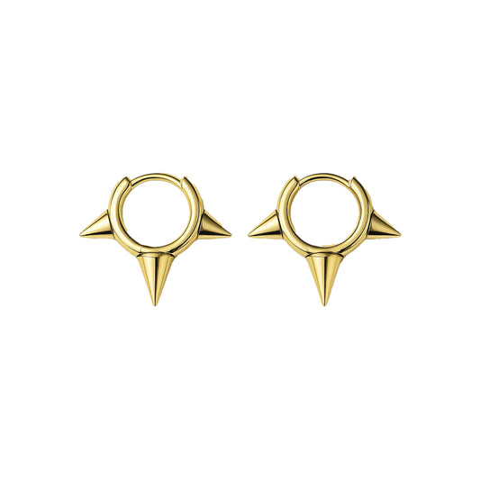 Gold hoop earrings with spike designs on a white background