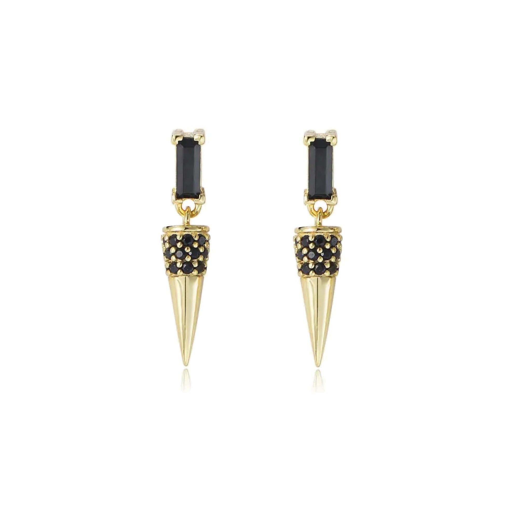 Gold spike earrings with black gemstones on a white background