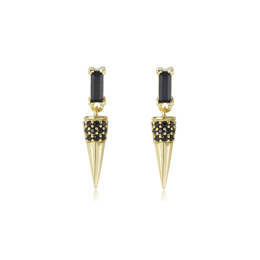 Gold spike earrings with black gemstones on a white background