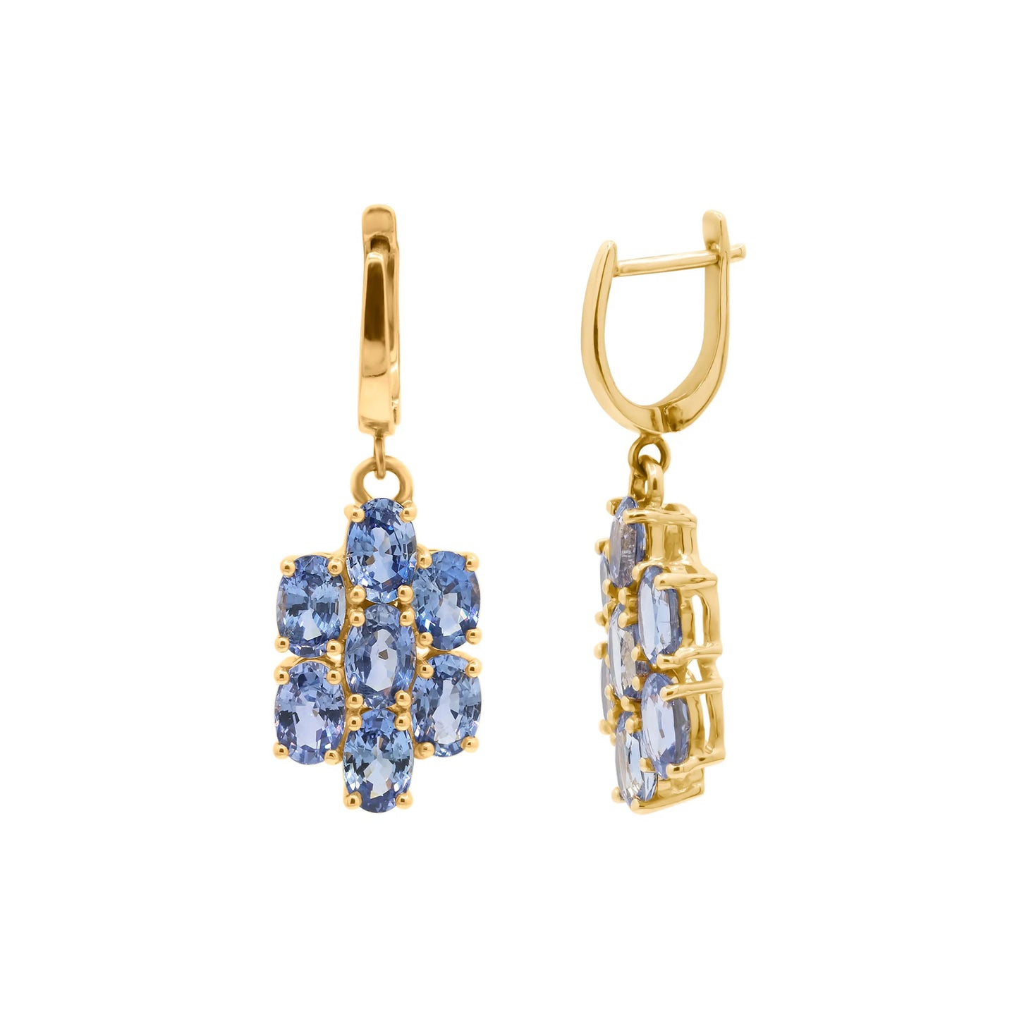 Seven Oval Shaped Blue Sapphire Gemstone Dangle Earrings