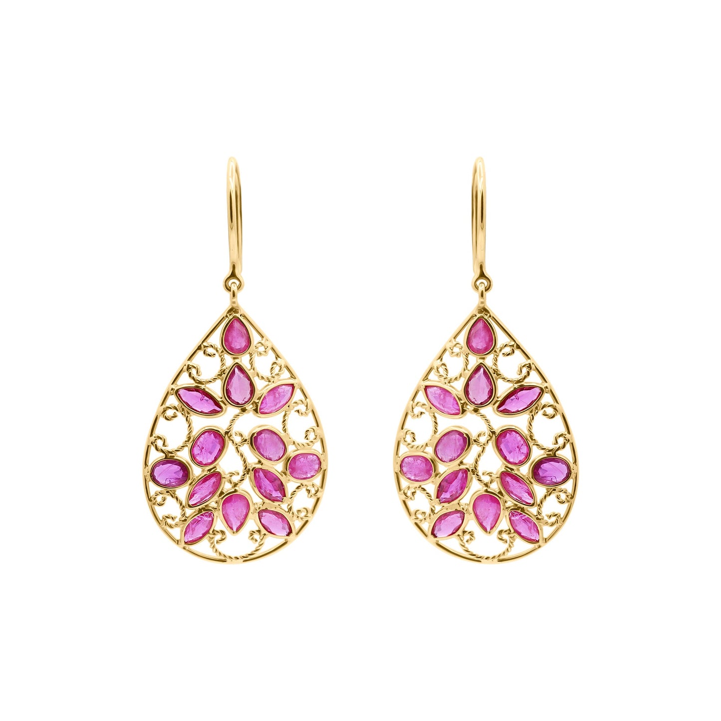 Precious Floral Motif Ruby Drop Dangle Earrings