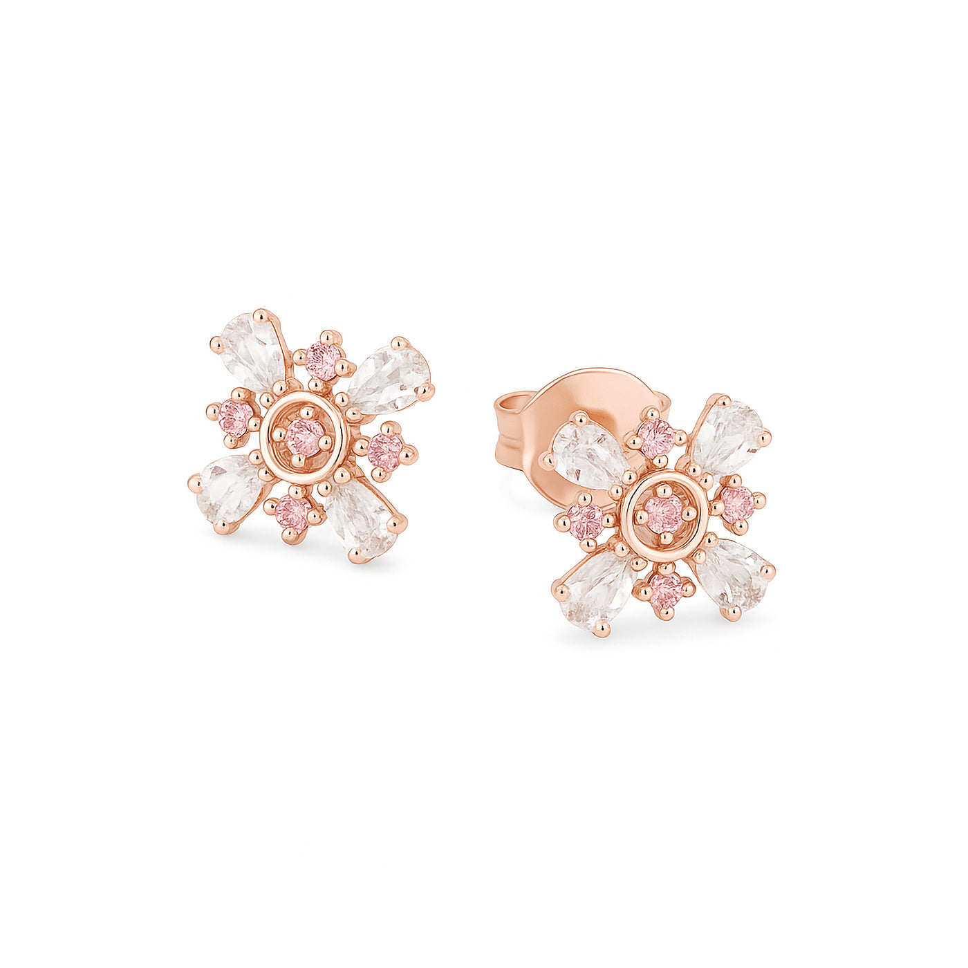 Pair of rose gold earrings with pink and clear gemstones on a white background — jewellery detail
