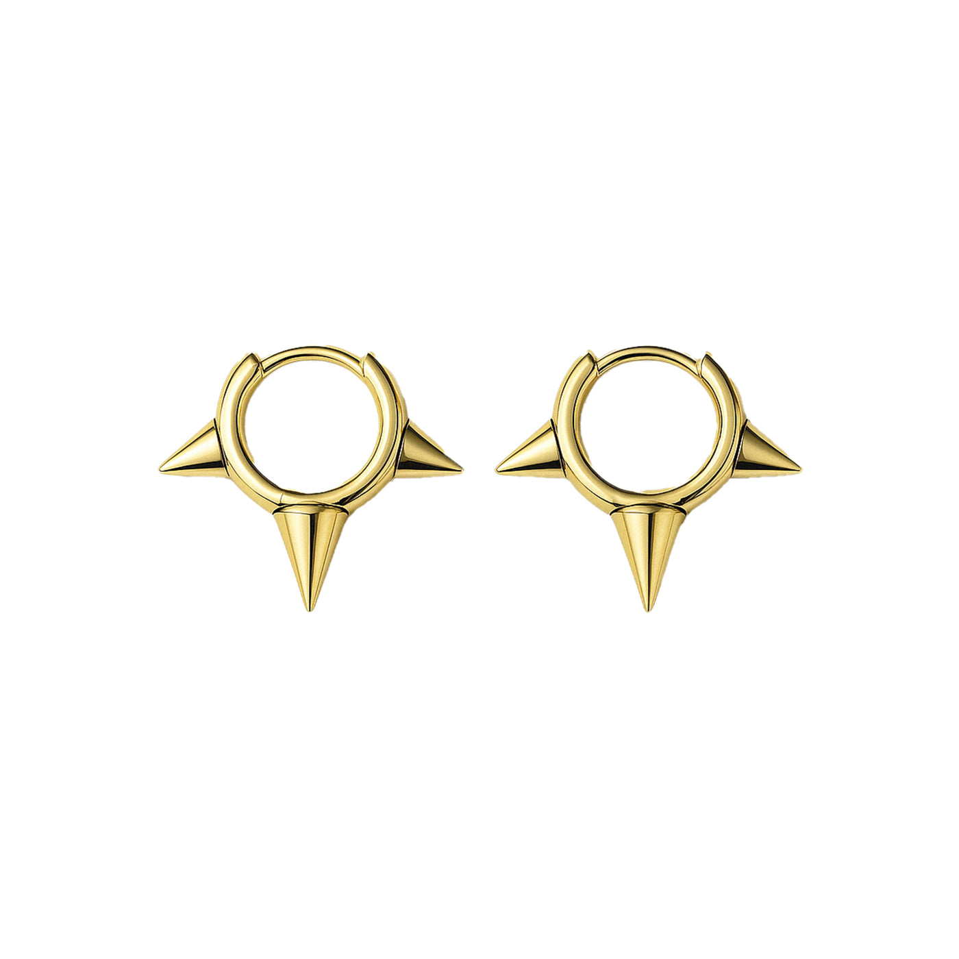 Gold hoop earrings with spike designs on a white background — jewellery detail
