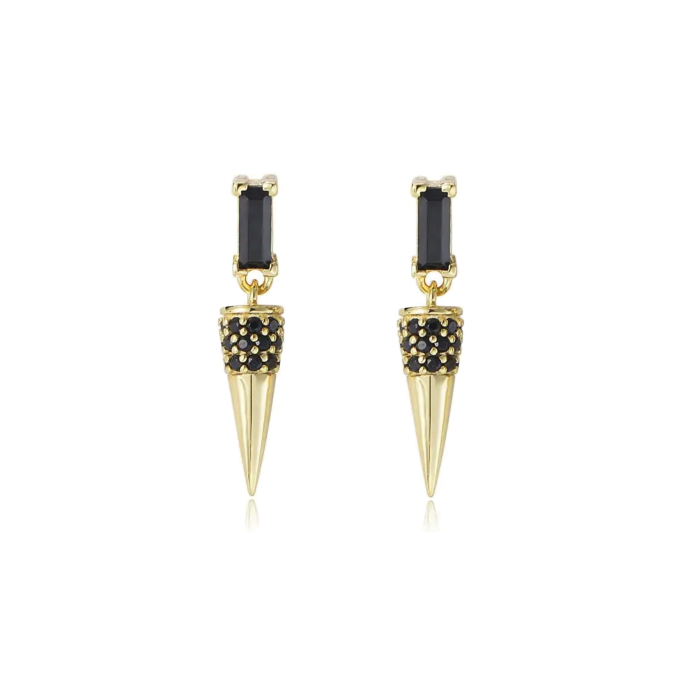 Gold spike earrings with black gemstones on a white background — jewellery detail
