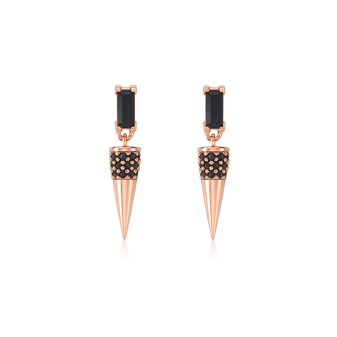 Rose gold spike earrings with black gemstones on a white background — jewellery detail
