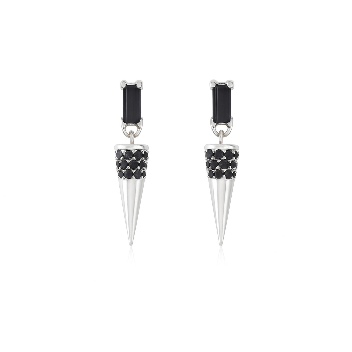 Pair of silver spike earrings with black gemstones on a white background — jewellery detail
