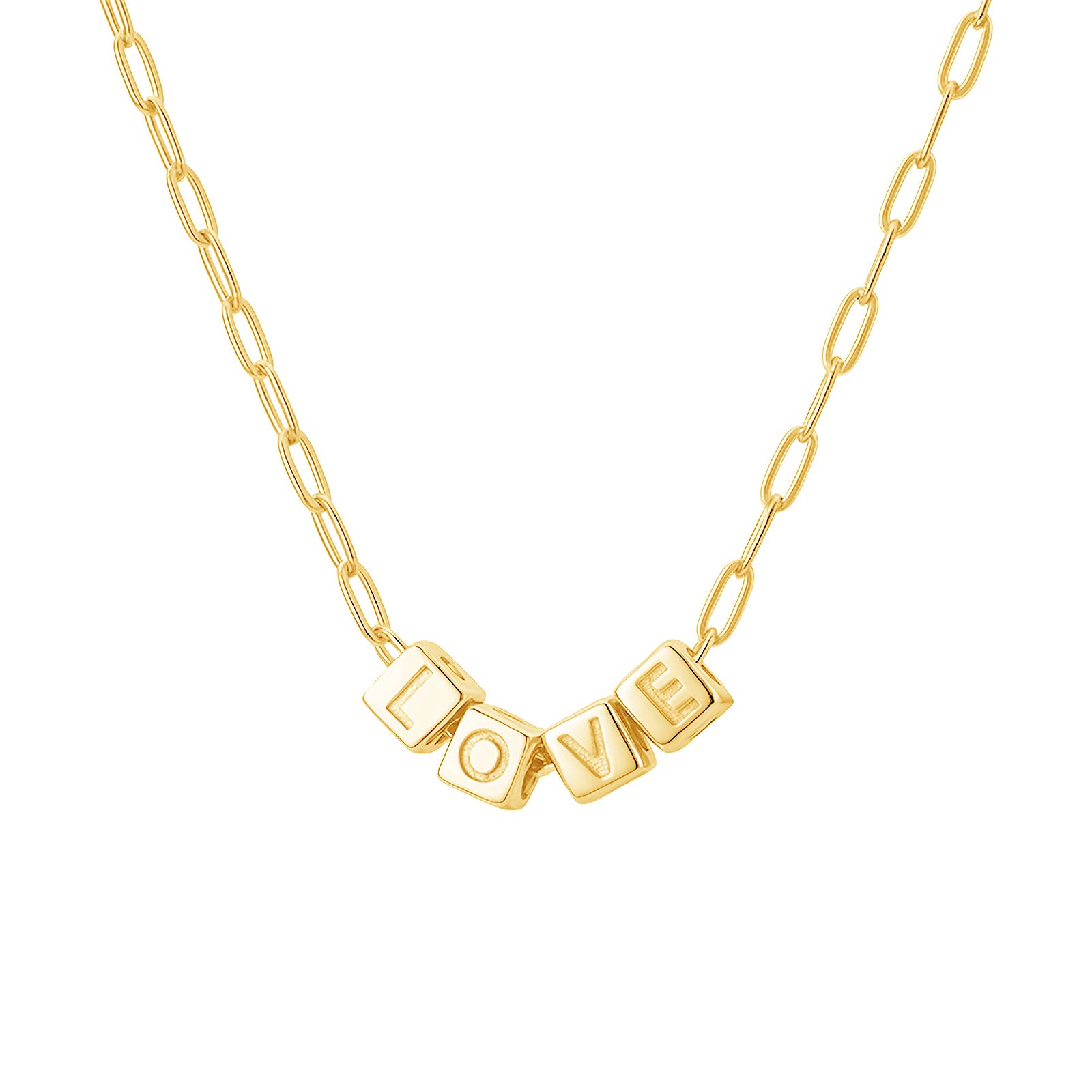 Gold necklace with 'LOVE' pendant on a white background