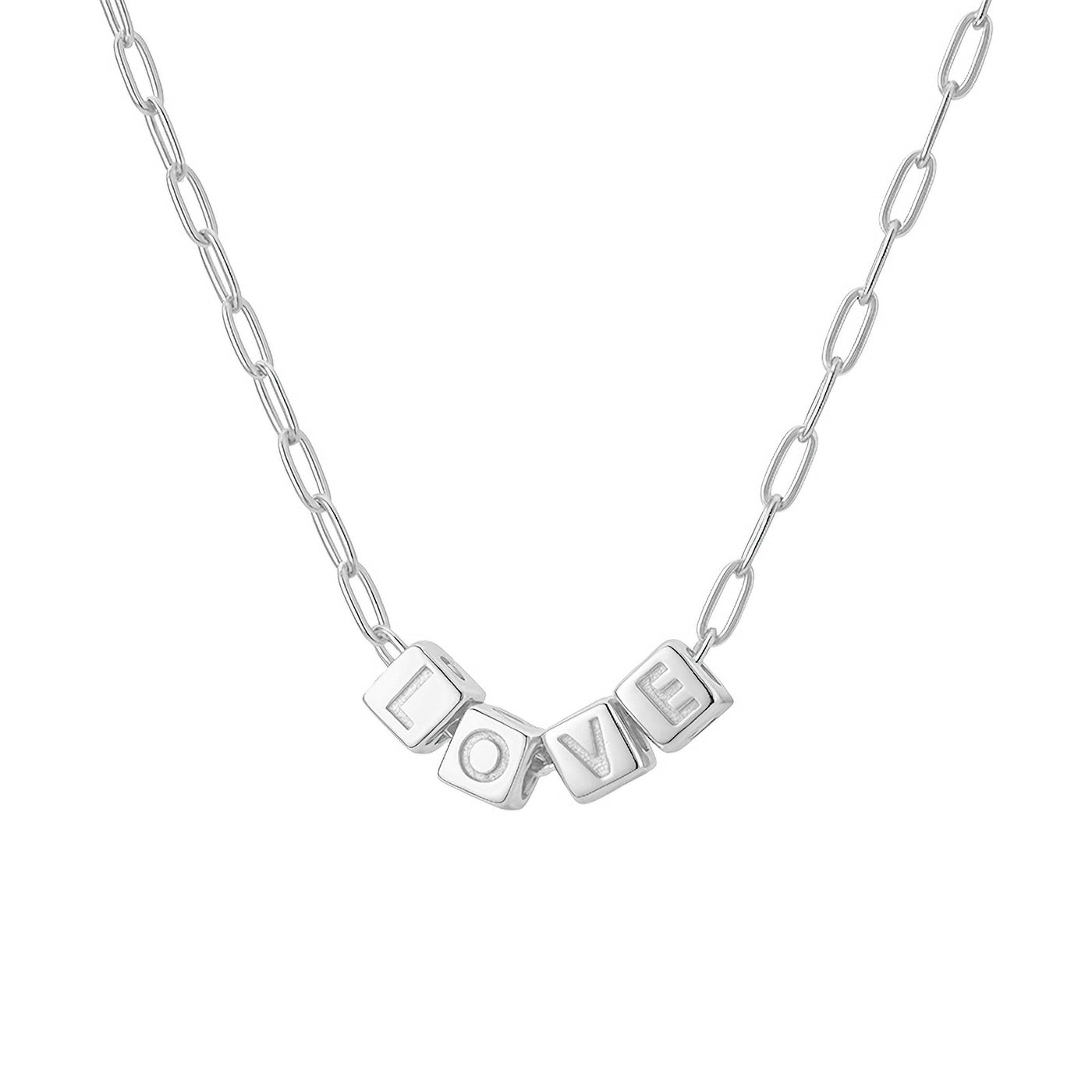 Silver necklace with 'LOVE' pendant on a white background — jewellery detail
