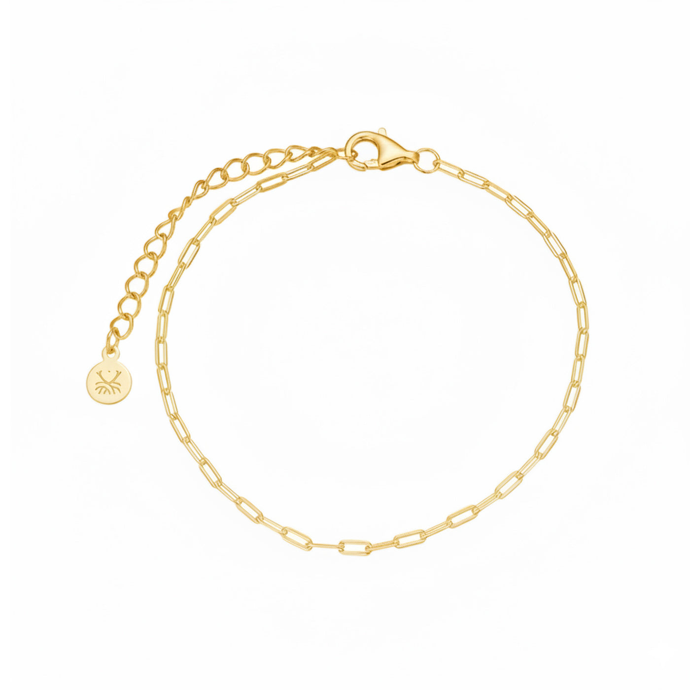 Gold simple paperclip chain bracelet on a white background — jewellery detail
